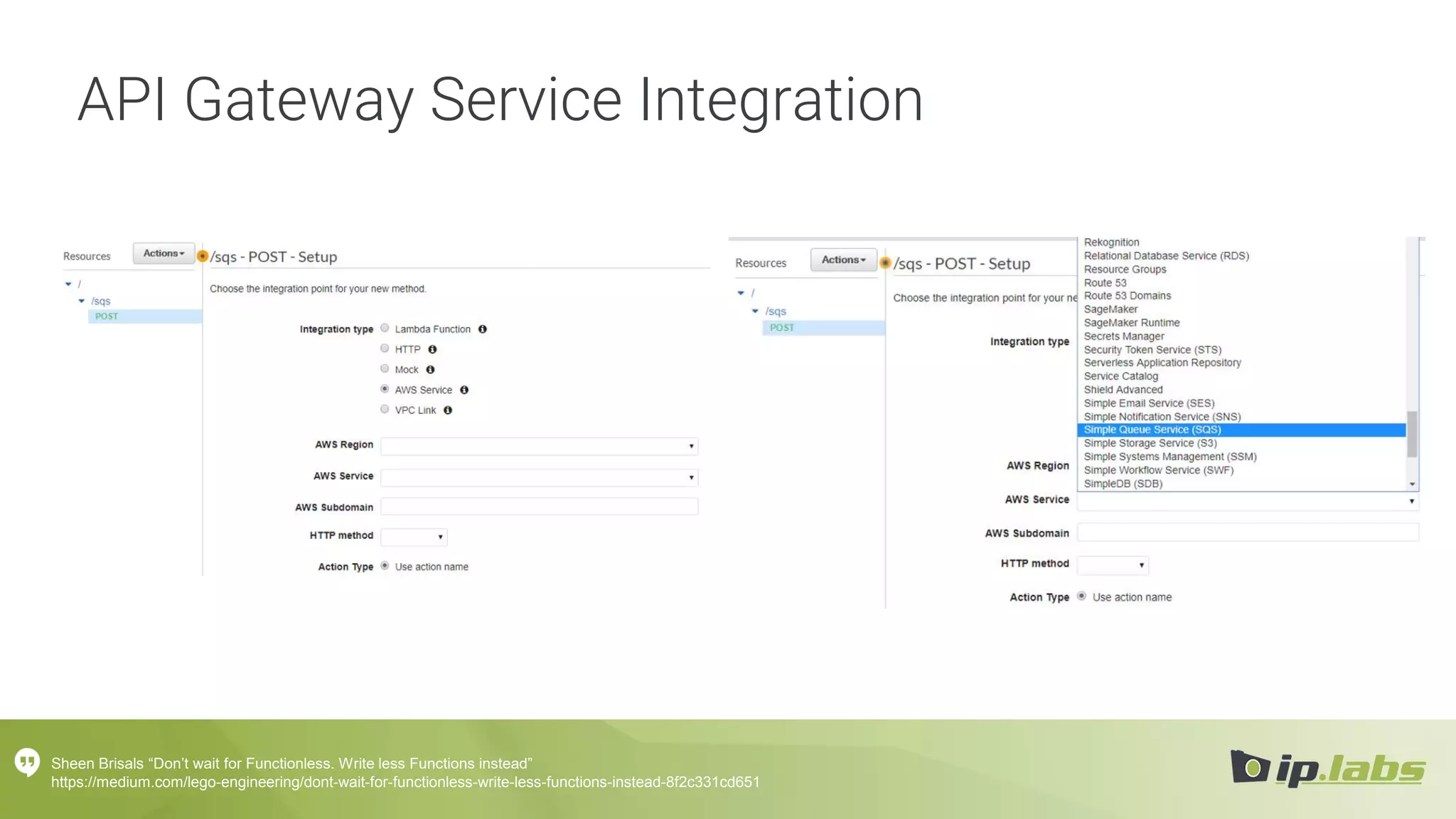 Sheen Brisals “Don’t wait for Functionless. Write less Functions instead”
https://medium.com/lego-engineering/dont-wait-for-functionless-write-less-functions-instead-8f2c331cd651
API Gateway Service Integration
 