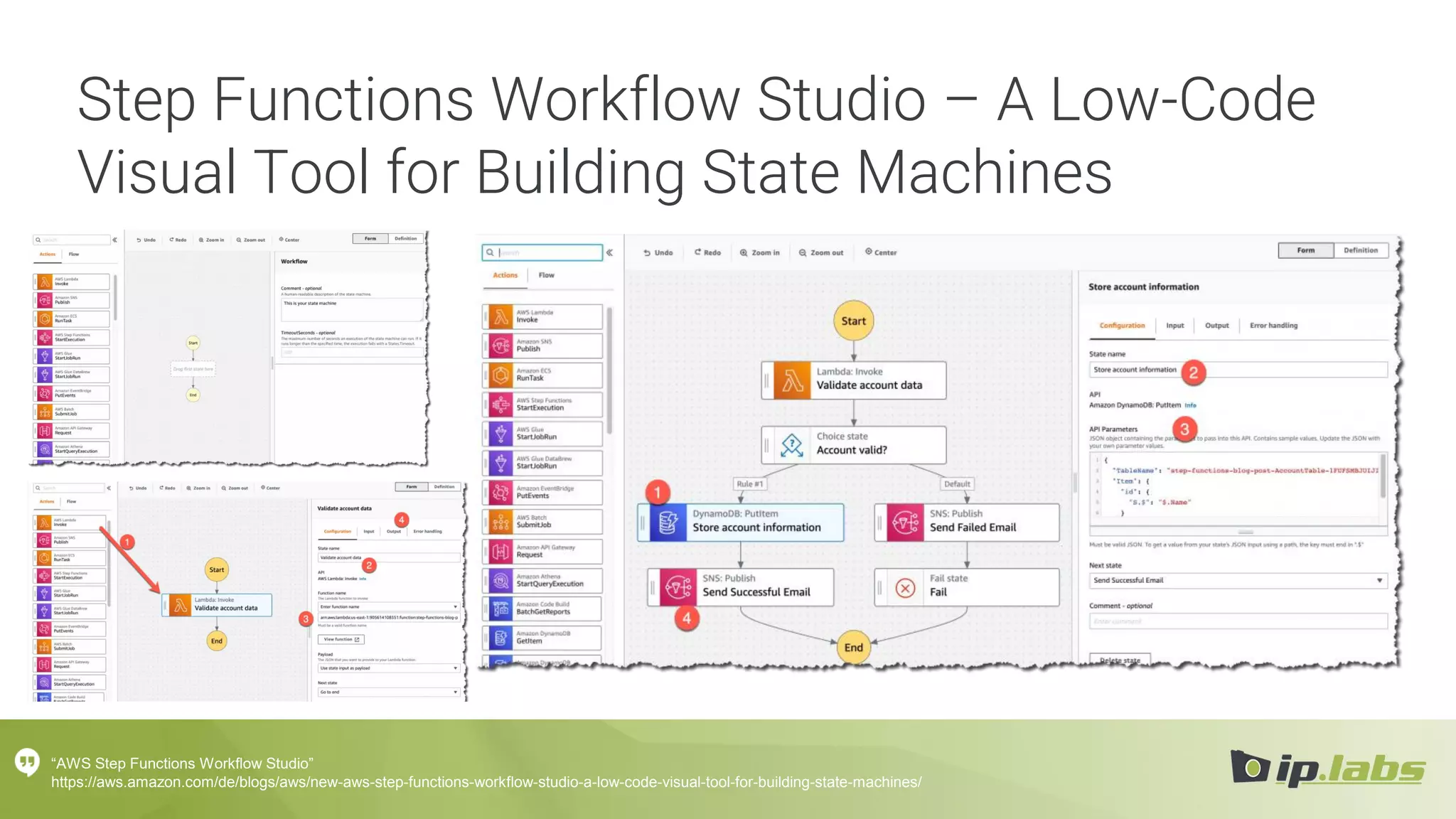 Step Functions Workflow Studio – A Low-Code
Visual Tool for Building State Machines
“AWS Step Functions Workflow Studio”
https://aws.amazon.com/de/blogs/aws/new-aws-step-functions-workflow-studio-a-low-code-visual-tool-for-building-state-machines/
 