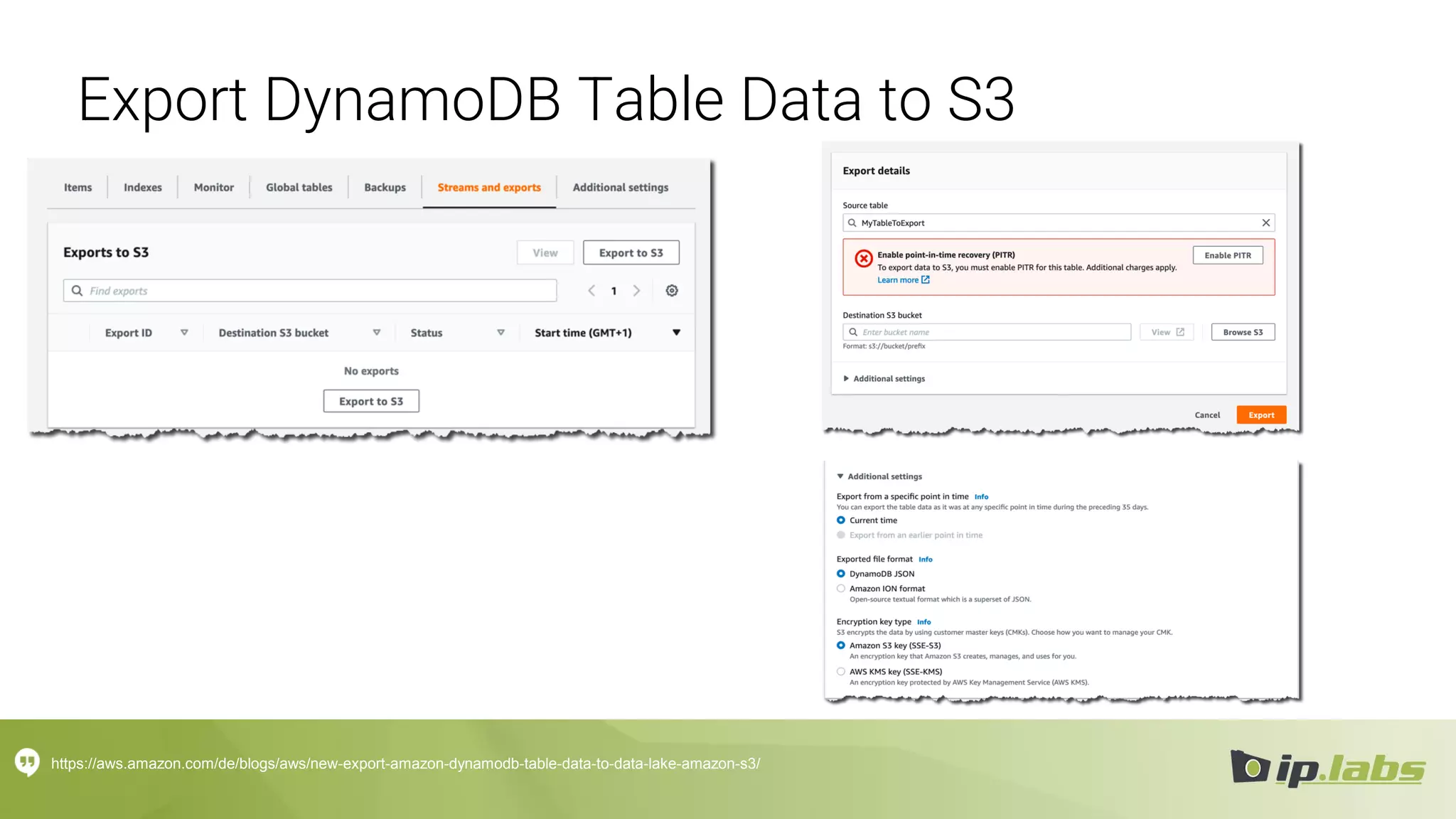 Export DynamoDB Table Data to S3
https://aws.amazon.com/de/blogs/aws/new-export-amazon-dynamodb-table-data-to-data-lake-amazon-s3/
 