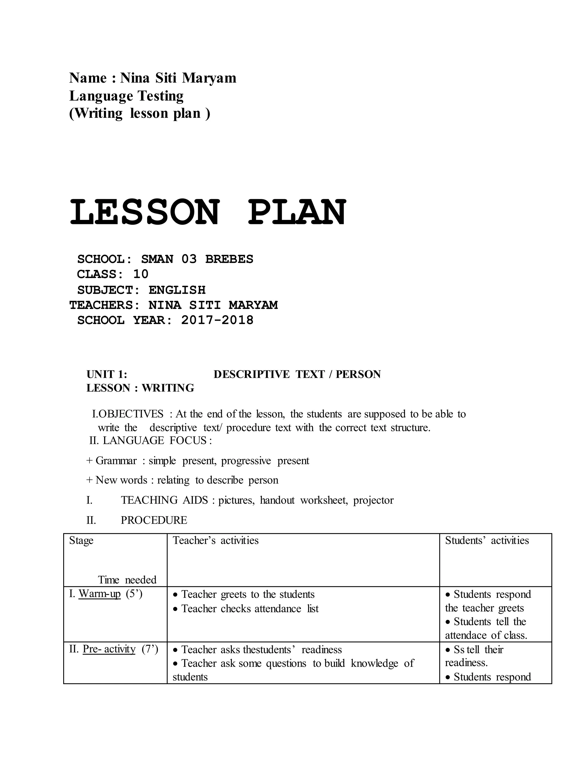 Lesson Plan ( Writing ) | DOCX