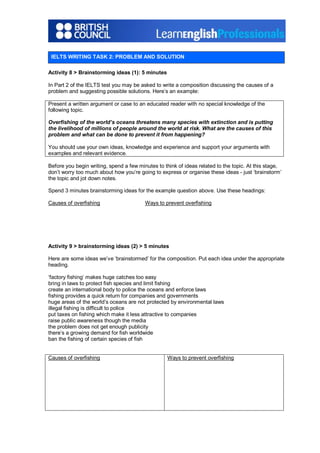 IELTS WRITING TASK 2: PROBLEM AND SOLUTION
Activity 8 > Brainstorming ideas (1): 5 minutes
In Part 2 of the IELTS test you may be asked to write a composition discussing the causes of a
problem and suggesting possible solutions. Here’s an example:
Present a written argument or case to an educated reader with no special knowledge of the
following topic.
Overfishing of the world’s oceans threatens many species with extinction and is putting
the livelihood of millions of people around the world at risk. What are the causes of this
problem and what can be done to prevent it from happening?
You should use your own ideas, knowledge and experience and support your arguments with
examples and relevant evidence.
Before you begin writing, spend a few minutes to think of ideas related to the topic. At this stage,
don’t worry too much about how you’re going to express or organise these ideas ­ just ‘brainstorm’
the topic and jot down notes.
Spend 3 minutes brainstorming ideas for the example question above. Use these headings:
Causes of overfishing Ways to prevent overfishing
Activity 9 > brainstorming ideas (2) > 5 minutes
Here are some ideas we’ve ‘brainstormed’ for the composition. Put each idea under the appropriate
heading.
‘factory fishing’ makes huge catches too easy
bring in laws to protect fish species and limit fishing
create an international body to police the oceans and enforce laws
fishing provides a quick return for companies and governments
huge areas of the world’s oceans are not protected by environmental laws
illegal fishing is difficult to police
put taxes on fishing which make it less attractive to companies
raise public awareness though the media
the problem does not get enough publicity
there’s a growing demand for fish worldwide
ban the fishing of certain species of fish
Causes of overfishing Ways to prevent overfishing
 
