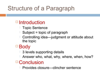 Structure of a Paragraph
 Introduction
 Topic Sentence
 Subject = topic of paragraph
 Controlling idea—judgment or attitude about
the topic
 Body
 3 levels supporting details
 Answer who, what, why, where, when, how?
 Conclusion
 Provides closure—clincher sentence
 