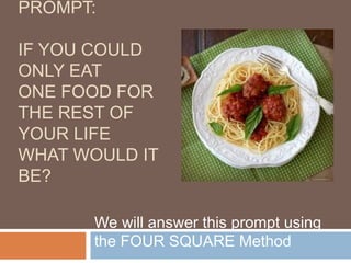 PROMPT:
IF YOU COULD
ONLY EAT
ONE FOOD FOR
THE REST OF
YOUR LIFE
WHAT WOULD IT
BE?
We will answer this prompt using
the FOUR SQUARE Method
 
