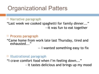 Organizational Patters
 Narrative paragraph
“Last week we cooked spaghetti for family dinner...”
—it was fun to eat together
 Process paragraph
“Came home from work late last Thursday, tired and
exhausted...”
— I wanted something easy to fix
 Illustrational paragraph
“I crave comfort food when I’m feeling down...”
- it tastes delicious and brings up my mood
 