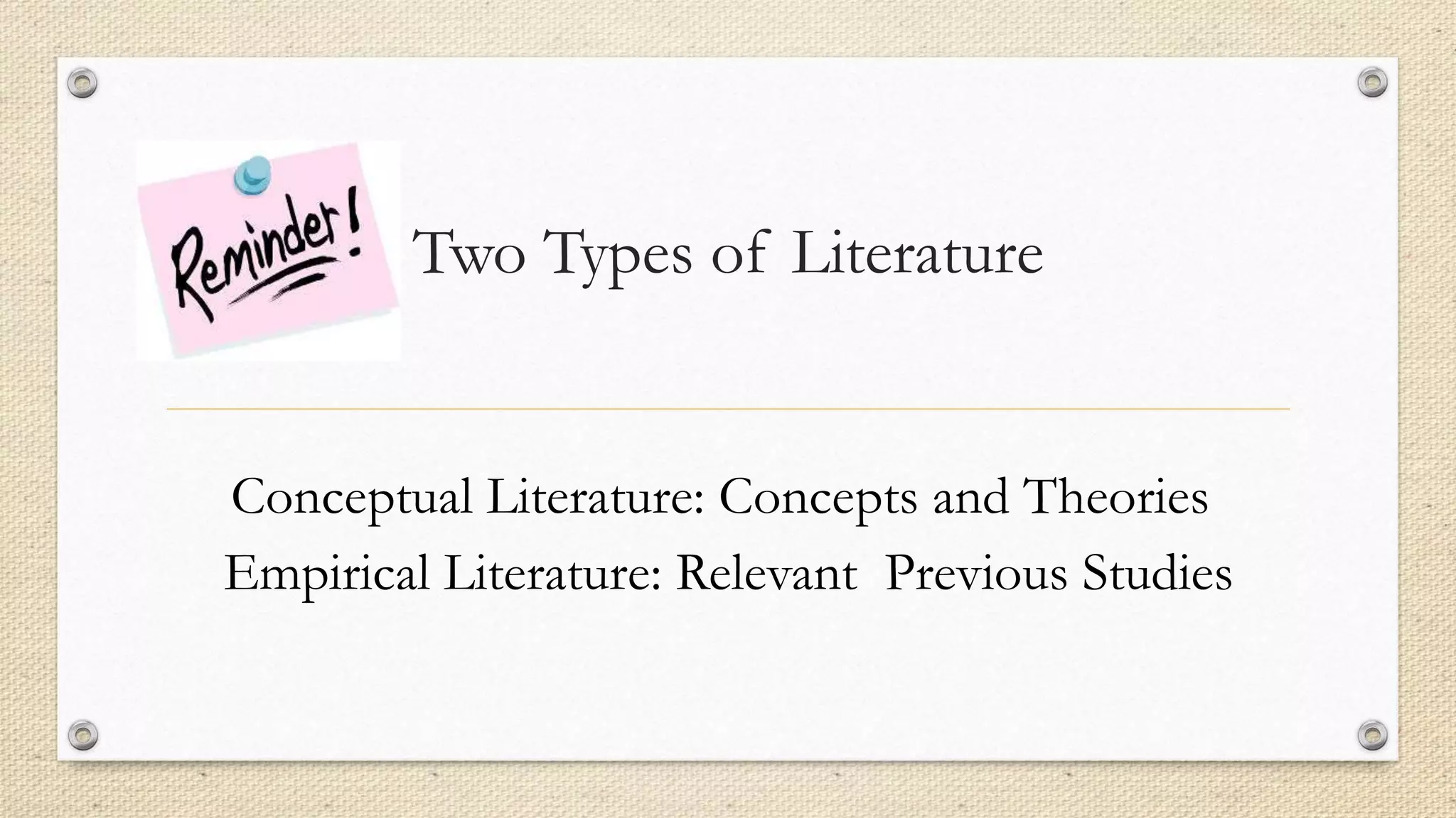 Two Types of Literature
Conceptual Literature: Concepts and Theories
Empirical Literature: Relevant Previous Studies
 