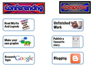 Unfinished	
  
Work	
  
Publish a 	
  
favourite 	
  
story	
  
Research	
  
Topic	
  
Read Myths	
  
And Legends	
  
Make your
own graphics	
  
Blogging	
  
 