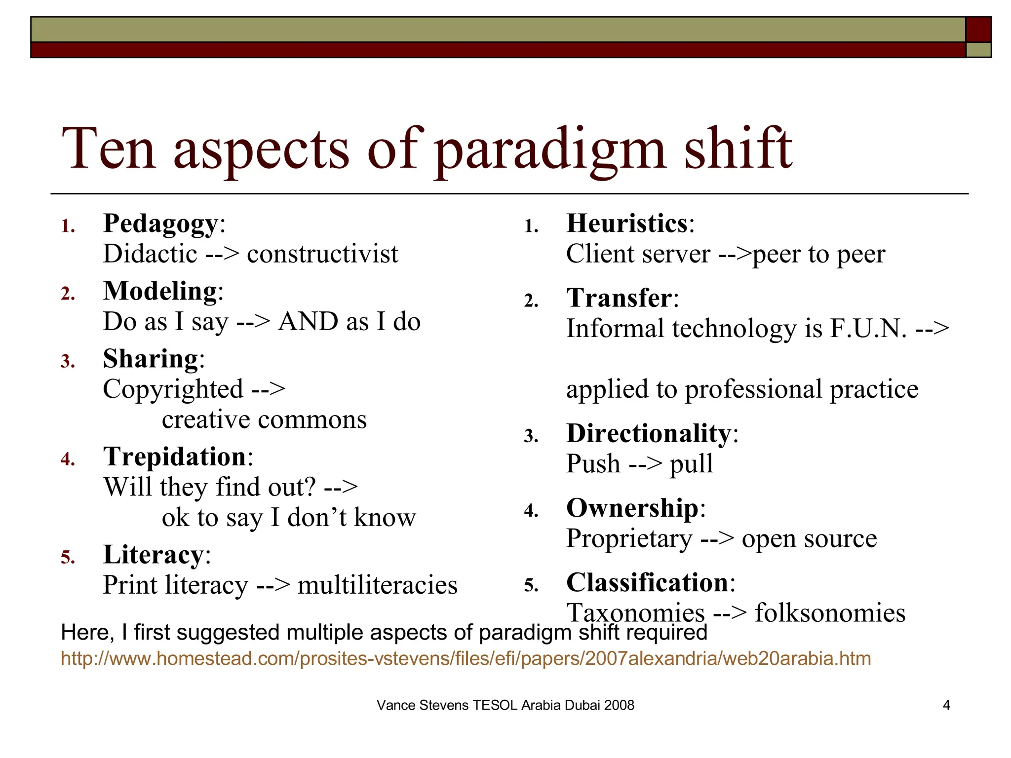 Ten aspects of paradigm shift Pedagogy :  Didactic --> constructivist Modeling :  Do as I say --> AND as I do Sharing :  Copyrighted -->  creative commons Trepidation : Will they find out? -->  ok to say I don’t know Literacy :  Print literacy --> multiliteracies Heuristics : Client server -->peer to peer Transfer :  Informal technology is F.U.N. -->  applied to professional practice Directionality : Push --> pull Ownership : Proprietary --> open source  Classification :  Taxonomies --> folksonomies Here, I first suggested multiple aspects of paradigm shift required   http://www.homestead.com/prosites-vstevens/files/efi/papers/2007alexandria/web20arabia.htm 