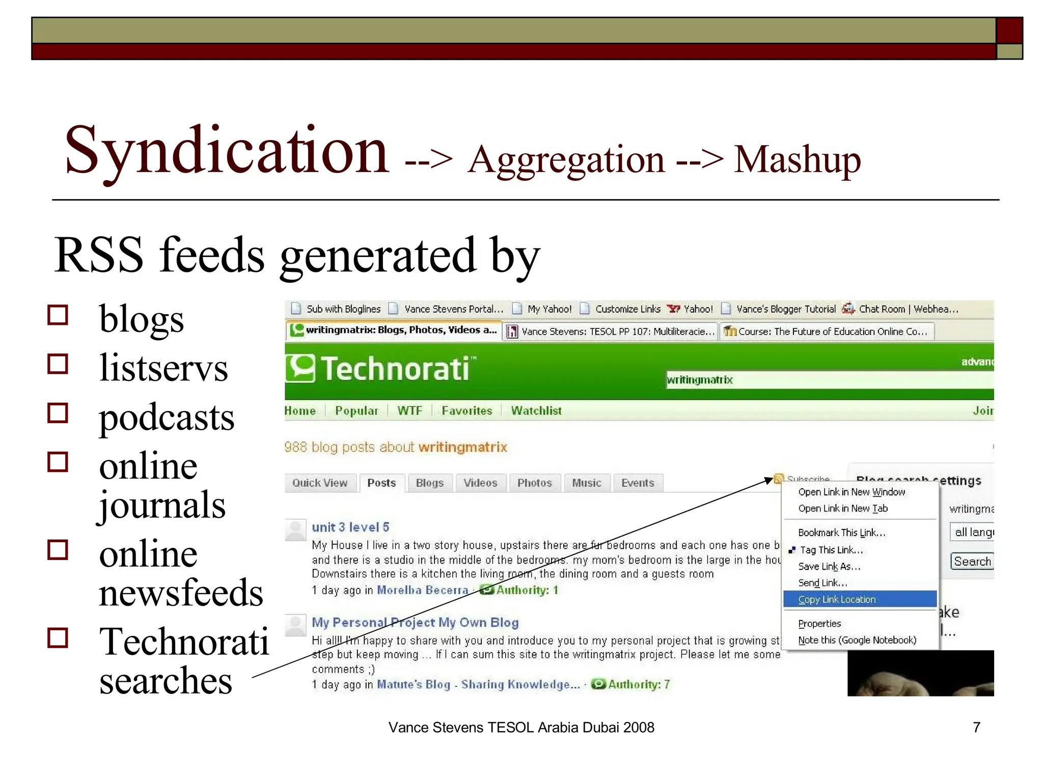 Syndication   -->   Aggregation --> Mashup blogs listservs podcasts online journals online newsfeeds Technorati searches  RSS feeds generated by 