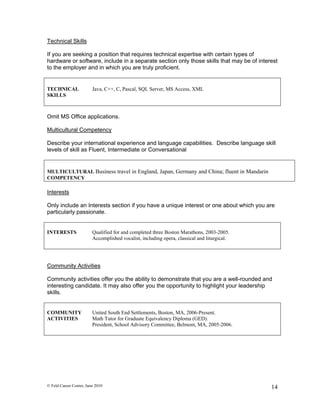 Technical Skills

If you are seeking a position that requires technical expertise with certain types of
hardware or software, include in a separate section only those skills that may be of interest
to the employer and in which you are truly proficient.


TECHNICAL                Java, C++, C, Pascal, SQL Server, MS Access, XML
SKILLS



Omit MS Office applications.

Multicultural Competency

Describe your international experience and language capabilities. Describe language skill
levels of skill as Fluent, Intermediate or Conversational


MULTICULTURAL Business travel in England, Japan, Germany and China; fluent in Mandarin
COMPETENCY

Interests

Only include an Interests section if you have a unique interest or one about which you are
particularly passionate.


INTERESTS                Qualified for and completed three Boston Marathons, 2003-2005.
                         Accomplished vocalist, including opera, classical and liturgical.




Community Activities

Community activities offer you the ability to demonstrate that you are a well-rounded and
interesting candidate. It may also offer you the opportunity to highlight your leadership
skills.


COMMUNITY                United South End Settlements, Boston, MA, 2006-Present.
ACTIVITIES               Math Tutor for Graduate Equivalency Diploma (GED).
                         President, School Advisory Committee, Belmont, MA, 2005-2006.




© Feld Career Center, June 2010                                                              14
 