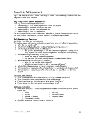 Appendix A: Self-Assessment
If you are eligible to take Career Leader you should also review your results as you
prepare to write your resume.

Key components of self-assessment
Four key components of self-assessment:
   Identifying your skills and competencies: What you do well
   Identifying your interests: What you like to do
   Identifying your values: What motivates you
   Identifying your ideal job preferences
We recommend that you spend at least an hour of your time on these exercises before
you begin writing your resume. List your results on the following worksheet.

Self Assessment Exercises
Identifying your skills and competencies
Think about a past job/experience (paid or unpaid) and answer the following questions:
   Why did you take the job?
   What interested you about the particular company or organization?
   What did you like and dislike about this job?
             o Be specific. For example, if you did not like sitting behind a computer all
                day, explain why. What about sitting behind a computer is unappealing?
   What skills did you like using in this job?
             o Were you good at performing this skill?
             o Do you think this skill is transferable and marketable to others?
   What skills did you not like using in this job?
             o Why did you not like using this skill?
             o Would you want to use this skill in your next job/career?
   What skills did you develop or improve upon as a result of this job?
   If the experience was successful, what skills did you use that made it successful?
   If the experience was unsuccessful, what skills did you lack? Can you develop
       them?

Identifying your interests
   What types of work or volunteer experiences do you get excited about?
   What types of books and/or magazines do you like to read?
   If you could have any job in the world, what would it be? Why?
   If you have a free day, how would you spend your time?


Identifying your values
   What motivates you? There is no right answer and be honest with yourself. Some
     values are:
            o Status                         o Security
            o Money                          o Personal growth
            o Service to society             o Helping others
            o Creative expression
   Consider how these values drive your decisions.




© Feld Career Center, June 2010                                                              23
 