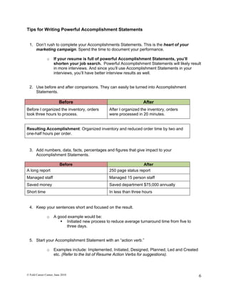Tips for Writing Powerful Accomplishment Statements


  1. Don’t rush to complete your Accomplishments Statements. This is the heart of your
     marketing campaign. Spend the time to document your performance.

               o     If your resume is full of powerful Accomplishment Statements, you’ll
                     shorten your job search. Powerful Accomplishment Statements will likely result
                     in more interviews. And since you’ll use Accomplishment Statements in your
                     interviews, you’ll have better interview results as well.


  2. Use before and after comparisons. They can easily be turned into Accomplishment
     Statements.

                         Before                                      After
Before I organized the inventory, orders          After I organized the inventory, orders
took three hours to process.                      were processed in 20 minutes.


Resulting Accomplishment: Organized inventory and reduced order time by two and
one-half hours per order.



  3. Add numbers, data, facts, percentages and figures that give impact to your
     Accomplishment Statements.

                         Before                                     After
A long report                                     250 page status report
Managed staff                                     Managed 15 person staff
Saved money                                       Saved department $75,000 annually
Short time                                        In less than three hours


  4. Keep your sentences short and focused on the result.

               o     A good example would be:
                         Initiated new process to reduce average turnaround time from five to
                           three days.


  5. Start your Accomplishment Statement with an “action verb.”

               o     Examples include: Implemented, Initiated, Designed, Planned, Led and Created
                     etc. (Refer to the list of Resume Action Verbs for suggestions).



© Feld Career Center, June 2010                                                                     6
 