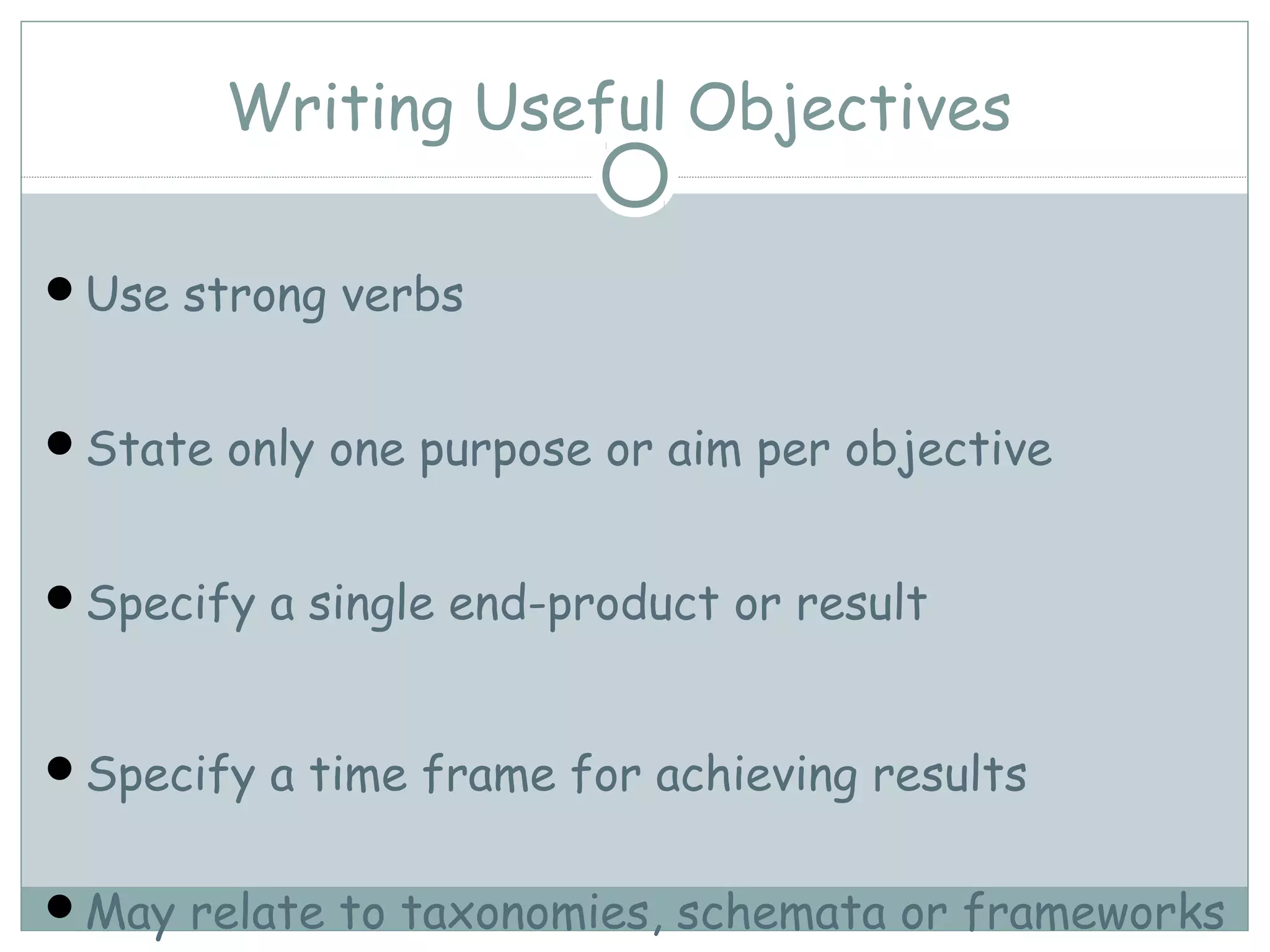 Writing Useful Objectives
Use strong verbs
State only one purpose or aim per objective
Specify a single end-product or result
Specify a time frame for achieving results
May relate to taxonomies, schemata or frameworks
 