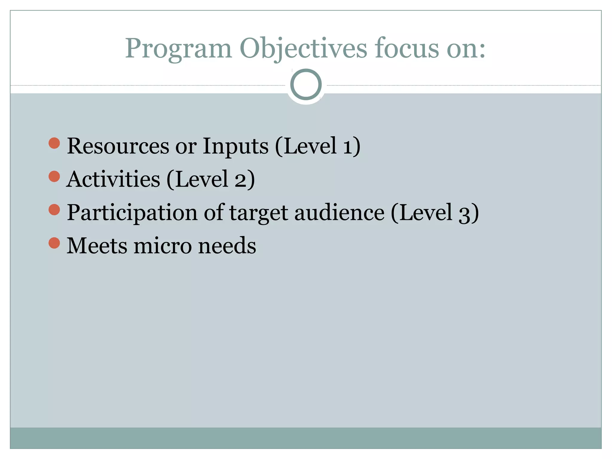 Program Objectives focus on:
Resources or Inputs (Level 1)
Activities (Level 2)
Participation of target audience (Level 3)
Meets micro needs
 
