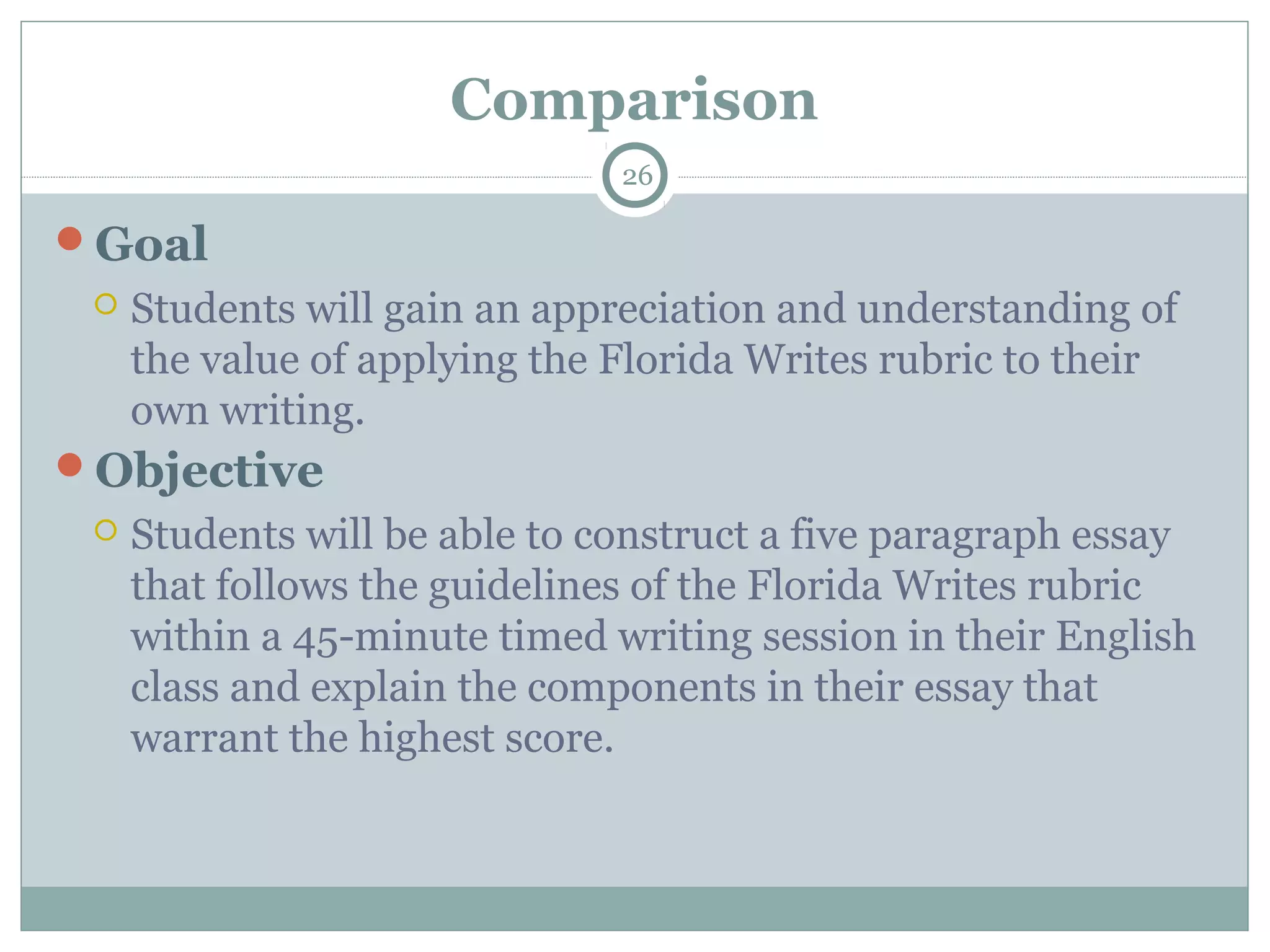 Comparison
26
Goal
 Students will gain an appreciation and understanding of
the value of applying the Florida Writes rubric to their
own writing.
Objective
 Students will be able to construct a five paragraph essay
that follows the guidelines of the Florida Writes rubric
within a 45-minute timed writing session in their English
class and explain the components in their essay that
warrant the highest score.
 