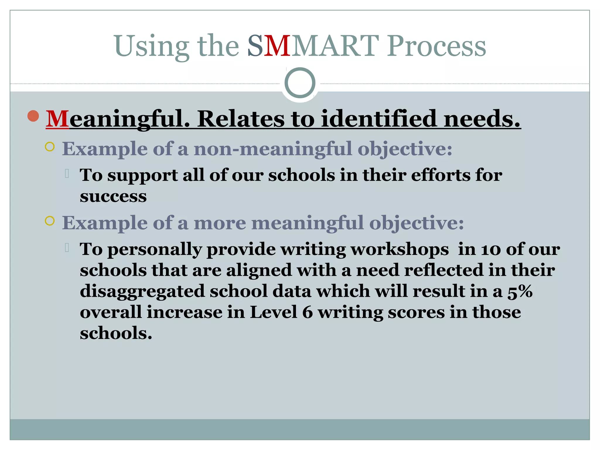 Using the SMMART Process
Meaningful. Relates to identified needs.
 Example of a non-meaningful objective:
 To support all of our schools in their efforts for
success
 Example of a more meaningful objective:
 To personally provide writing workshops in 10 of our
schools that are aligned with a need reflected in their
disaggregated school data which will result in a 5%
overall increase in Level 6 writing scores in those
schools.
 