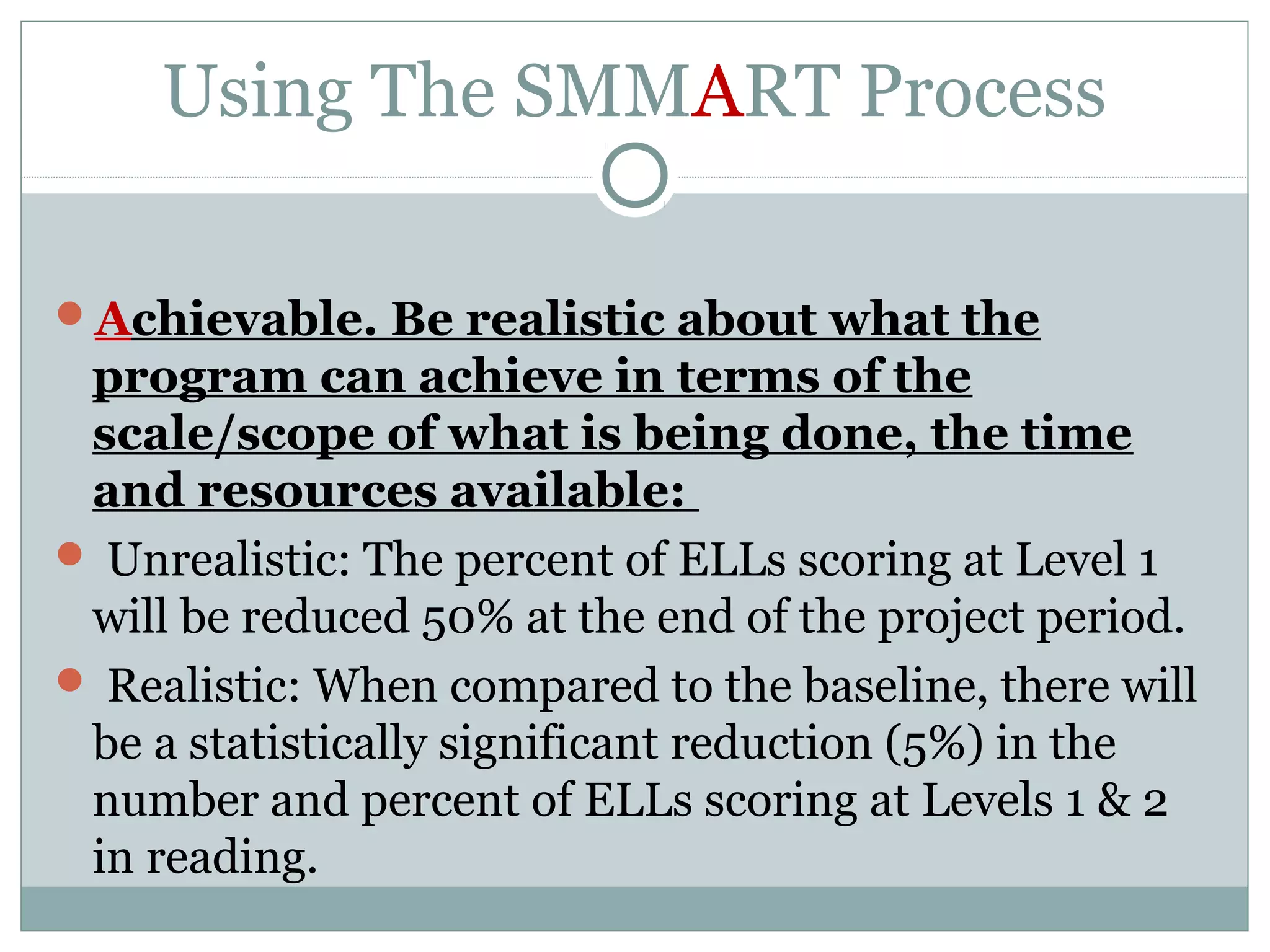 Using The SMMART Process
Achievable. Be realistic about what the
program can achieve in terms of the
scale/scope of what is being done, the time
and resources available:
 Unrealistic: The percent of ELLs scoring at Level 1
will be reduced 50% at the end of the project period.
 Realistic: When compared to the baseline, there will
be a statistically significant reduction (5%) in the
number and percent of ELLs scoring at Levels 1 & 2
in reading.
 