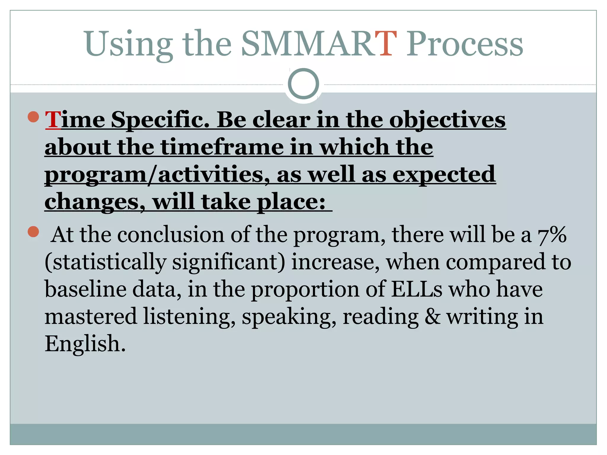 Using the SMMART Process
Time Specific. Be clear in the objectives
about the timeframe in which the
program/activities, as well as expected
changes, will take place:
 At the conclusion of the program, there will be a 7%
(statistically significant) increase, when compared to
baseline data, in the proportion of ELLs who have
mastered listening, speaking, reading & writing in
English.
 
