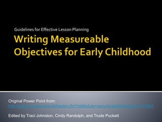 Guidelines for Effective Lesson Planning
Original Power Point from:
http://www.uwsuper.edu/dl/loader.cfm?csModule=security/getfile&pageid=191952
Edited by Traci Johnston, Cindy Randolph, and Trude Puckett
 