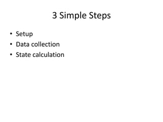 3 Simple Steps
• Setup
• Data collection
• State calculation

 