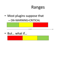 Ranges
• Most plugins suppose that
– OK<WARNING<CRITICAL

• But… what if…

 