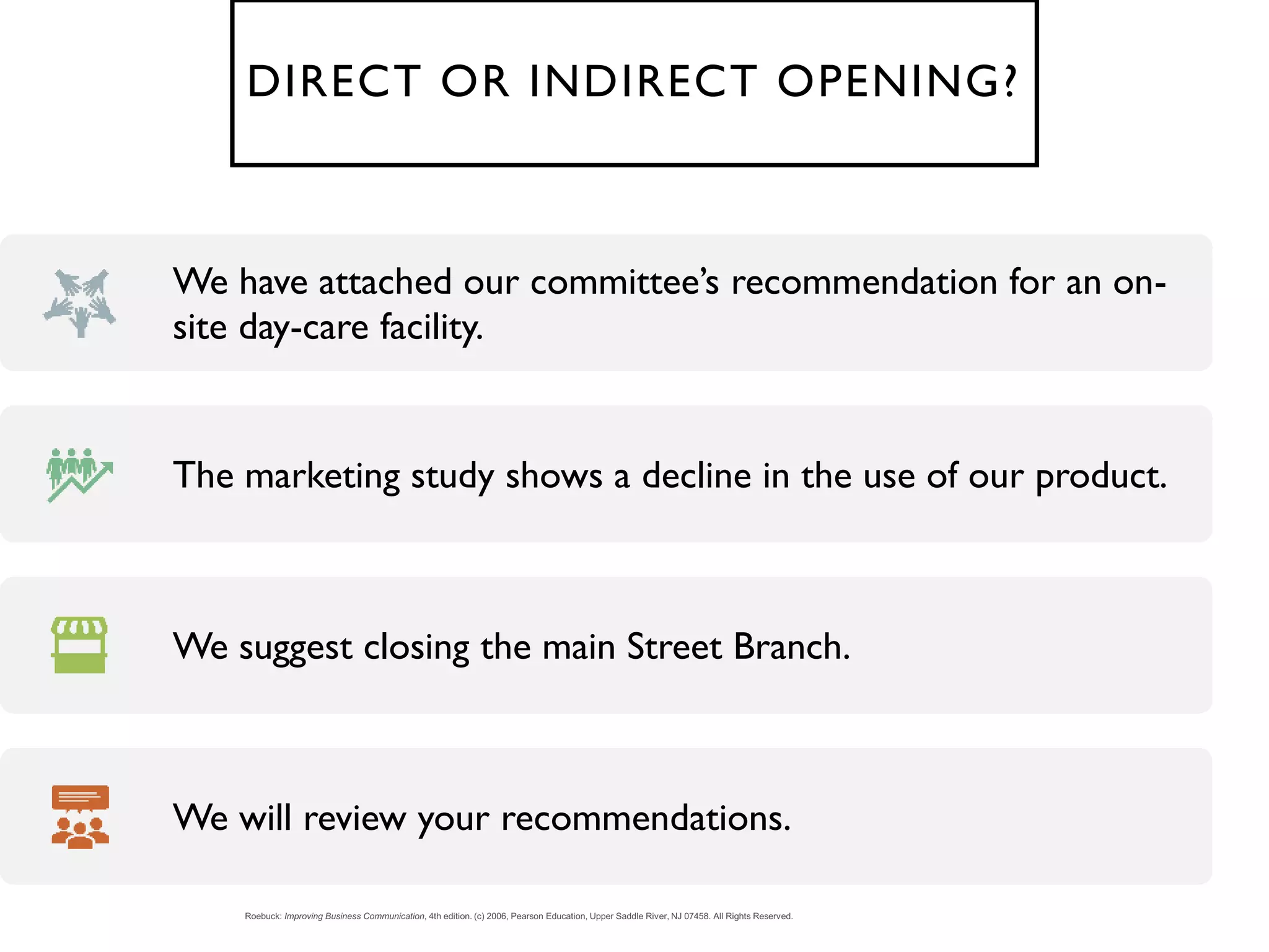 DIRECT OR INDIRECT OPENING?
We have attached our committee’s recommendation for an on-
site day-care facility.
The marketing study shows a decline in the use of our product.
We suggest closing the main Street Branch.
We will review your recommendations.
 