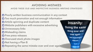 AVOID THESE OLD AND INEFFECTIVE BUSINESS WRITING STRATEGIES
AVOIDING MISTAKES
Poorly-written business communication in any...