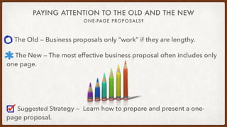 PAYING ATTENTION TO THE OLD AND THE NEW
ONE-PAGE PROPOSALS?
The Old — Business proposals only “work” if they are lengthy.
...