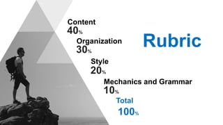 Rubric
Content
40%
Organization
30%
Mechanics and Grammar
10%
Total
100%
Style
20%
 
