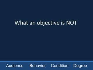 What an objective is NOT Audience Behavior Condition Degree 