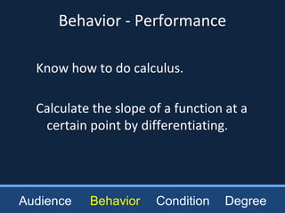 Behavior - Performance
Audience Behavior Condition Degree
Know how to do calculus.
Calculate the slope of a function at a
certain point by differentiating.
 