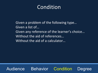 Given a problem of the following type…
Given a list of…
Given any reference of the learner’s choice…
Without the aid of references…
Without the aid of a calculator…
Audience Behavior Condition Degree
Condition
 