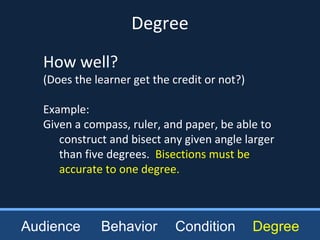 How well?
(Does the learner get the credit or not?)
Example:
Given a compass, ruler, and paper, be able to
construct and bisect any given angle larger
than five degrees. Bisections must be
accurate to one degree.
Degree
Audience Behavior Condition Degree
 