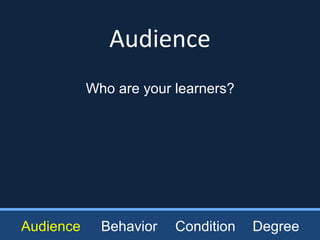 Audience
Audience Behavior Condition Degree
Who are your learners?
 