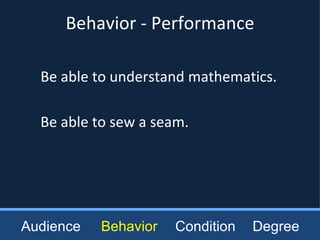 Behavior - Performance Audience Behavior Condition Degree Be able to understand mathematics. Be able to sew a seam. 
