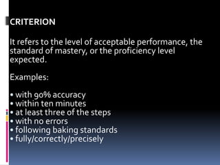 CRITERION

It refers to the level of acceptable performance, the
standard of mastery, or the proficiency level
expected.
Examples:
• with 90% accuracy
• within ten minutes
• at least three of the steps
• with no errors
• following baking standards
• fully/correctly/precisely
 