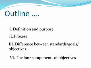Outline ….
I. Definition and purpose
II. Process
III. Difference between standards/goals/
objectives
VI. The four components of objectives
 