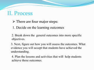 II. Process
 There are four major steps:
1. Decide on the learning outcomes
2. Break down the general outcomes into more specific
objectives.
3. Next, figure out how you will assess the outcomes. What
evidence you will accept that students have achieved the
understanding.
4. Plan the lessons and activities that will help students
achieve those outcomes.
 