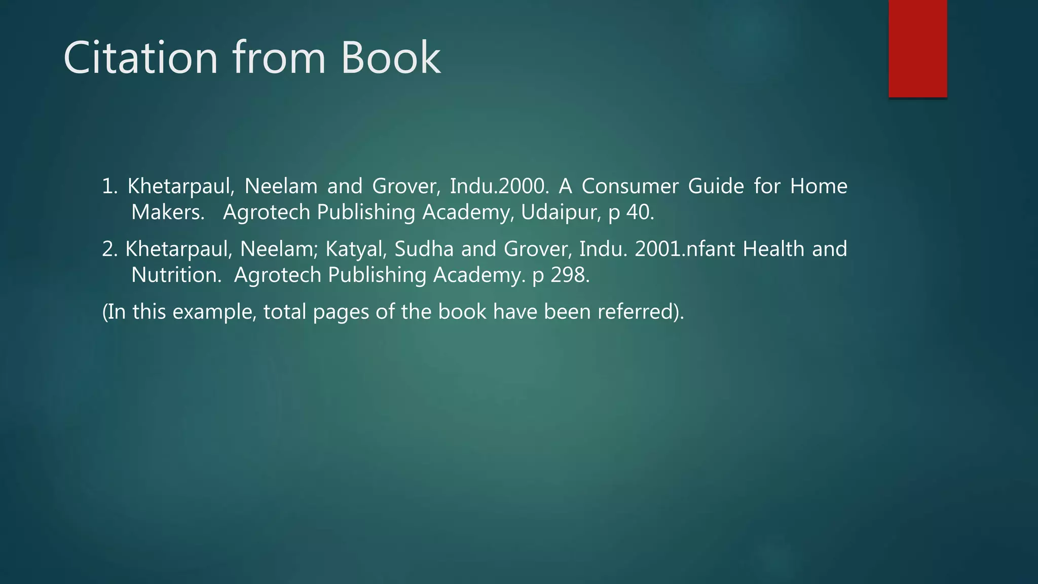 Citation from Book
1. Khetarpaul, Neelam and Grover, Indu.2000. A Consumer Guide for Home
Makers. Agrotech Publishing Academy, Udaipur, p 40.
2. Khetarpaul, Neelam; Katyal, Sudha and Grover, Indu. 2001.nfant Health and
Nutrition. Agrotech Publishing Academy. p 298.
(In this example, total pages of the book have been referred).
 
