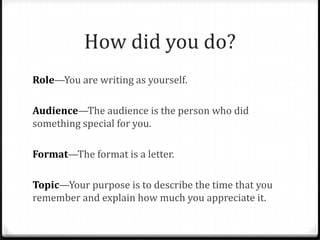 How did you do?
Role—You are writing as yourself.
Audience—The audience is the person who did
something special for you.
Format—The format is a letter.
Topic—Your purpose is to describe the time that you
remember and explain how much you appreciate it.
 