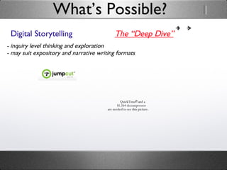 Digital Storytelling What’s Possible? The “Deep Dive” - inquiry level thinking and exploration - may suit expository and narrative writing formats 