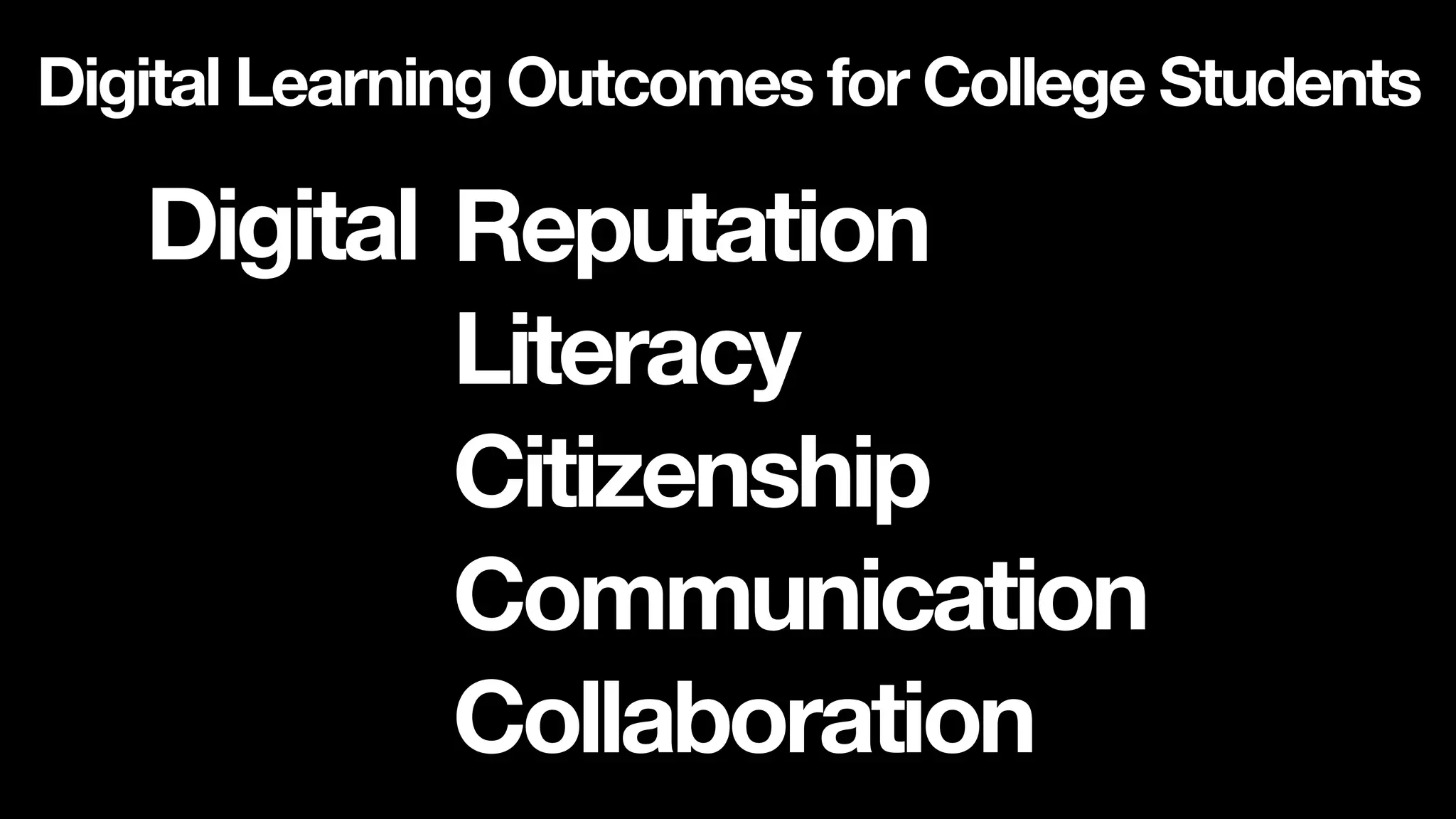 Reputation
Literacy
Citizenship
Communication
Collaboration
Digital Learning Outcomes for College Students
Digital
 