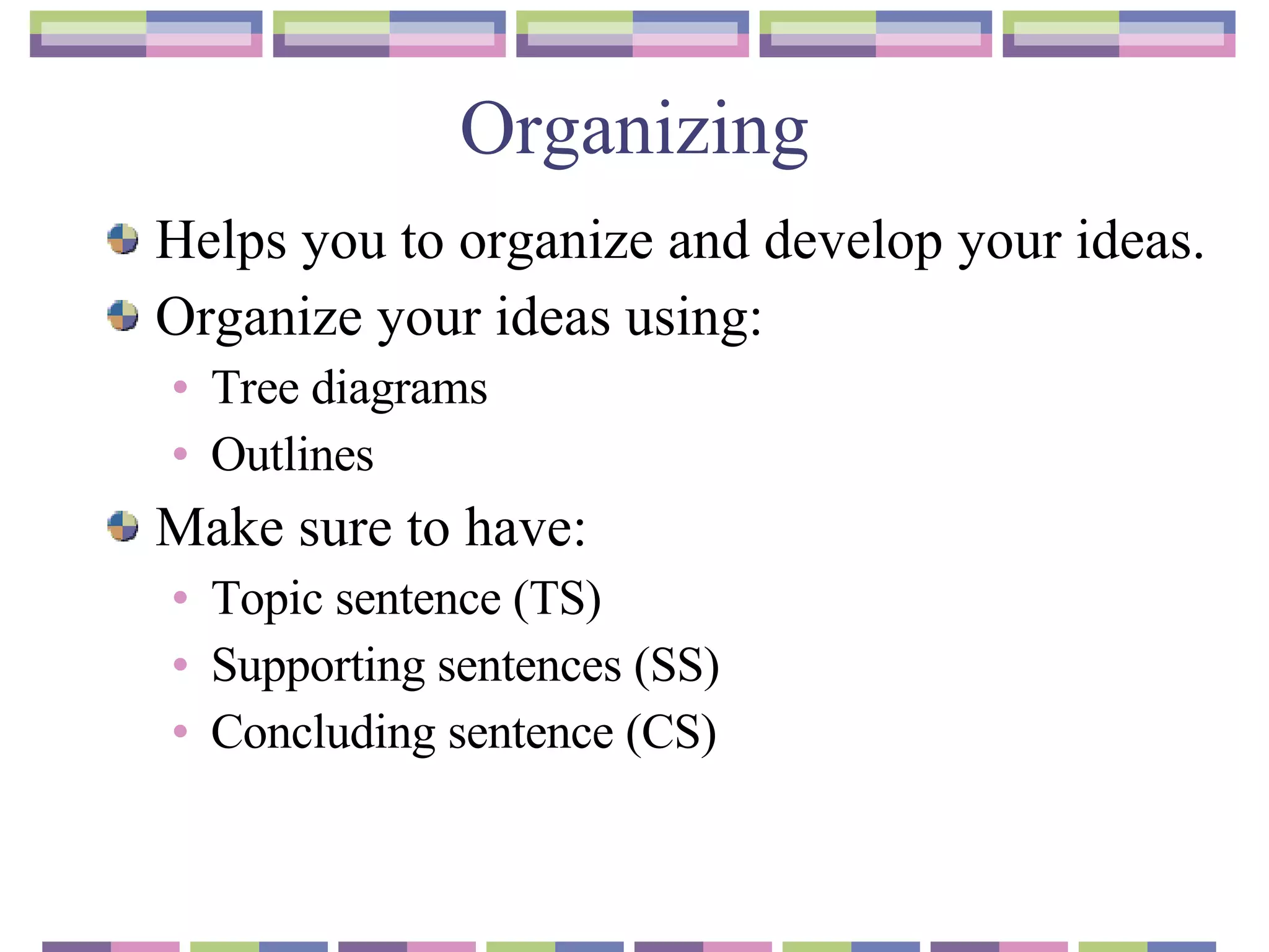 Organizing Helps you to organize and develop your ideas. Organize your ideas using: Tree diagrams  Outlines Make sure to have : Topic sentence (TS) Supporting sentences (SS) Concluding sentence (CS) 