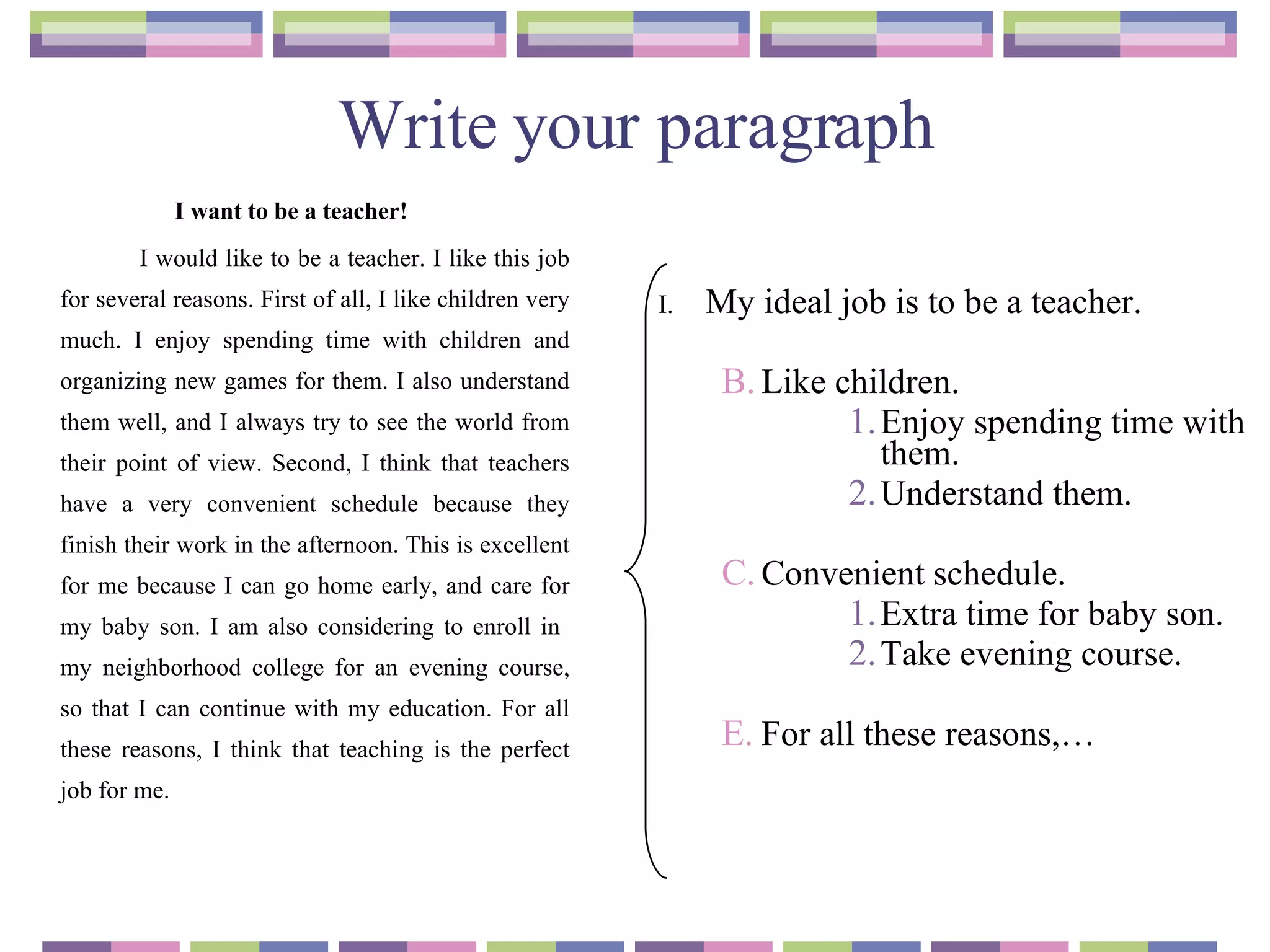 Write your paragraph I want to be a teacher! I would like to be a teacher. I like this job for several reasons. First of all, I like children very much. I enjoy spending time with children and organizing new games for them. I also understand them well, and I always try to see the world from their point of view. Second, I think that teachers have a very convenient schedule because they finish their work in the afternoon. This is excellent for me because I can go home early, and care for my baby son. I am also considering to enroll in  my neighborhood college for an evening course, so that I can continue with my education. For all these reasons, I think that teaching is the perfect job for me. My ideal job is to be a teacher. Like children. Enjoy spending time with them. Understand them. Convenient schedule. Extra time for baby son. Take evening course.  For all these reasons,…  