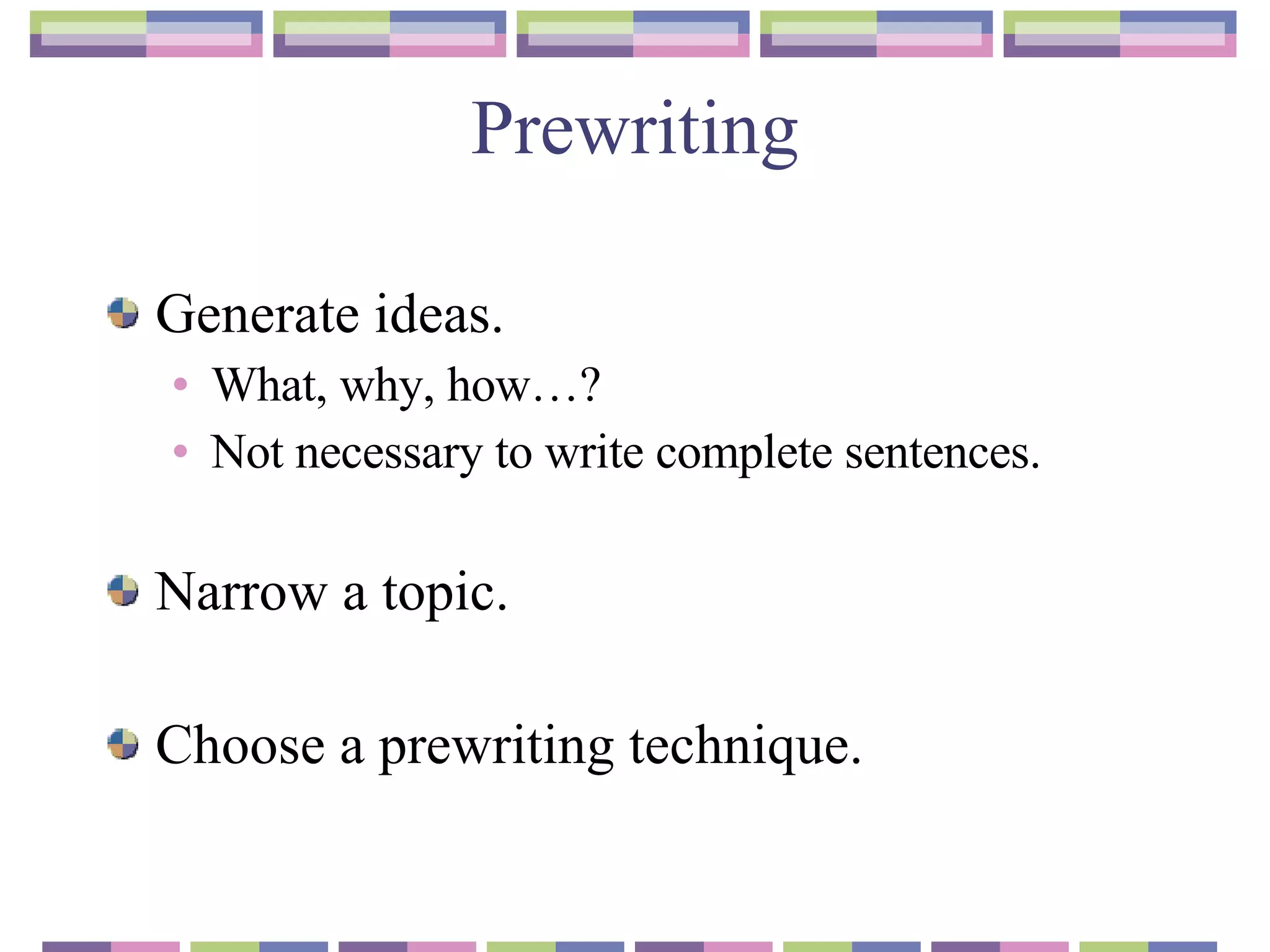 Prewriting Generate ideas. What, why, how…? Not necessary to write complete sentences. Narrow a topic. Choose a prewriting technique. 