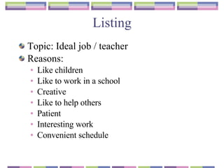Listing Topic: Ideal job / teacher Reasons :  Like children  Like to work in a school Creative Like to help others Patient  Interesting work Convenient schedule 