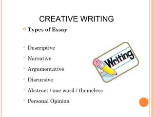 CREATIVE WRITING


Types of Essay



Descriptive



Narrative



Argumentative



Discursive



Abstract / one word / themeless



Personal Opinion

 