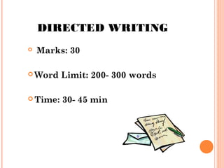 DIRECTED WRITING


Marks: 30

 Word

Limit: 200- 300 words

 Time:

30- 45 min

 
