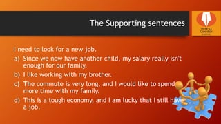 The Supporting sentences
I need to look for a new job.
a) Since we now have another child, my salary really isn't
enough for our family.
b) I like working with my brother.
c) The commute is very long, and I would like to spend
more time with my family.
d) This is a tough economy, and I am lucky that I still have
a job.
 