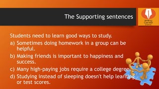 The Supporting sentences
Students need to learn good ways to study.
a) Sometimes doing homework in a group can be
helpful.
b) Making friends is important to happiness and
success.
c) Many high-paying jobs require a college degree.
d) Studying instead of sleeping doesn't help learning
or test scores.
 