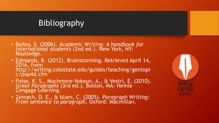 Bibliography
• Bailey, S. (2006). Academic Writing: A handbook for
international students (2nd ed.). New York, NY:
Routledge.
• Edmands, B. (2012). Brainstorming. Retrieved April 14,
2016, from
http://writing.colostate.edu/guides/teaching/gentopi
c/pop4d.cfm
• Folse, K. S., Muchmore-Vokoun, A., & Vestri, E. (2010).
Great Paragraphs (3rd ed.). Boston, MA: Heinle
Cengage Learning.
• Zemach, D. E., & Islam, C. (2005). Paragraph Writing:
From sentence to paragraph. Oxford: Macmillan.
 